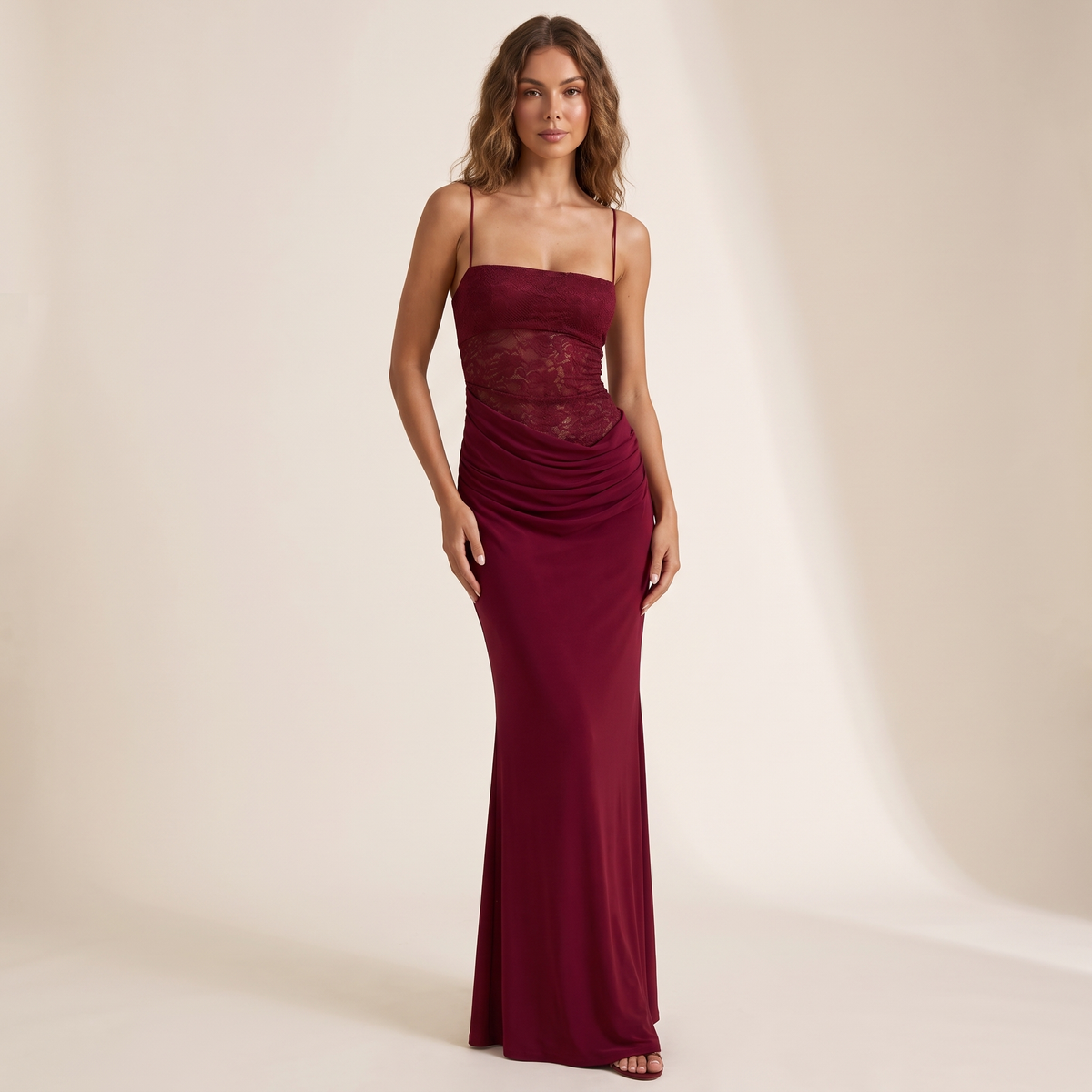 Lavinia Lace Bodice Cowl Mermaid Maxi Dress – Wine – front view