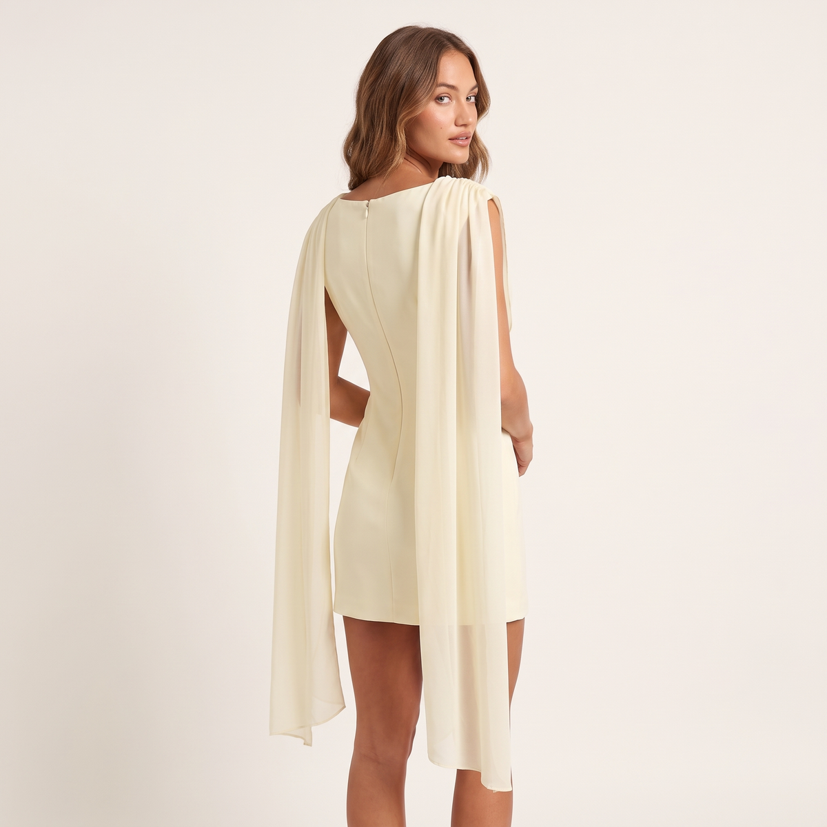 Leonie Draped Cowl Neck Mini Dress – Butter Yellow – back view