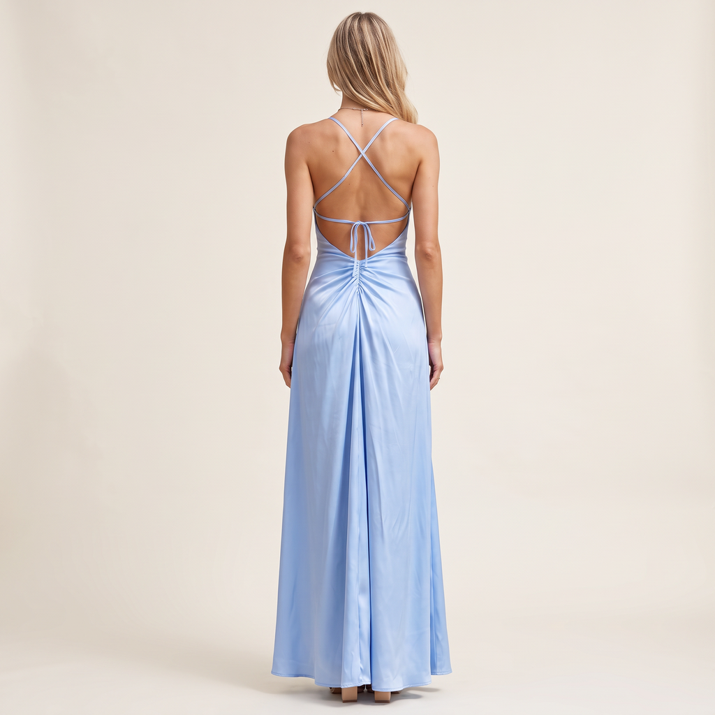 Liana Lace-Up Back Satin Maxi Dress – Blue – back view
