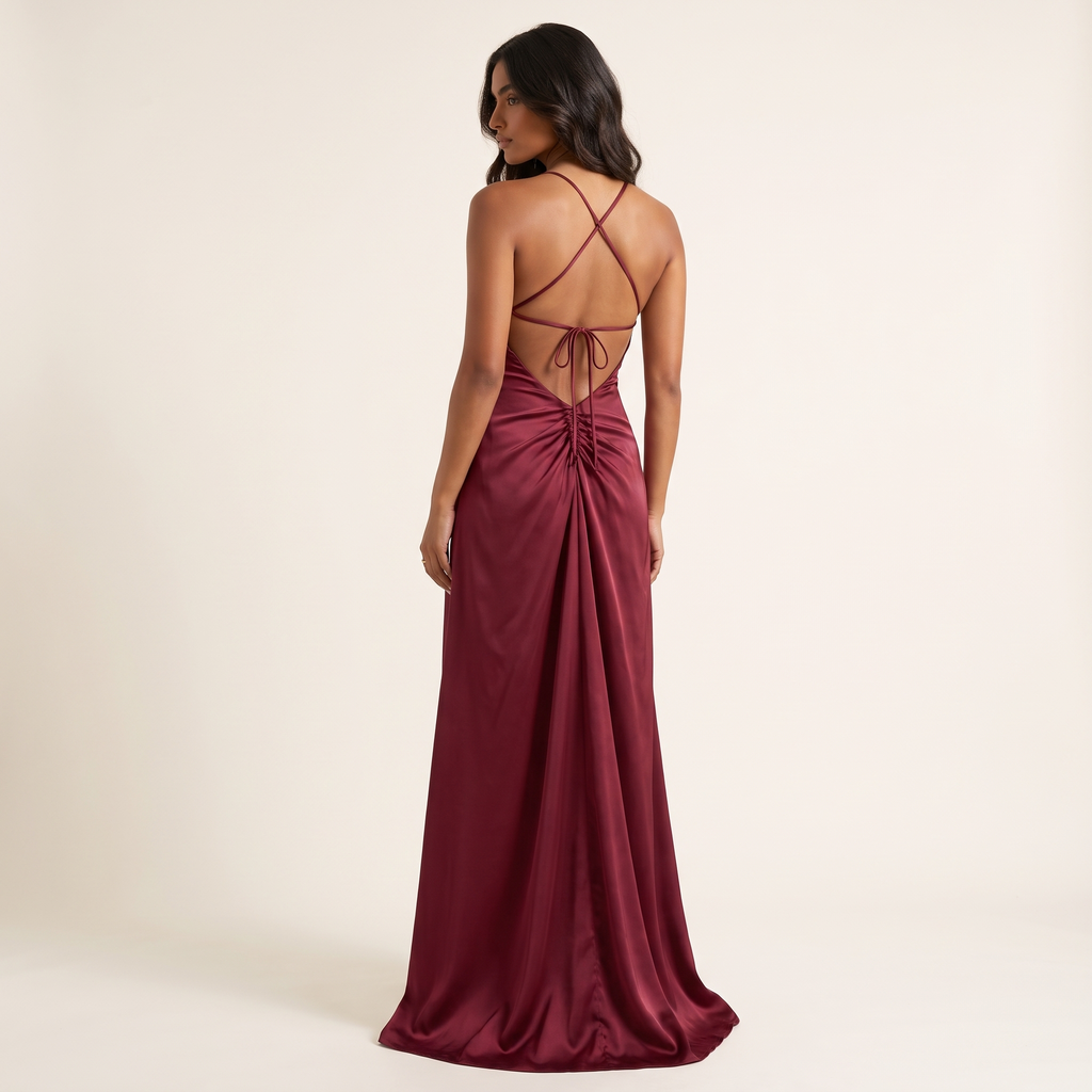 Liana Lace-Up Back Satin Maxi Dress – Burgundy – back view