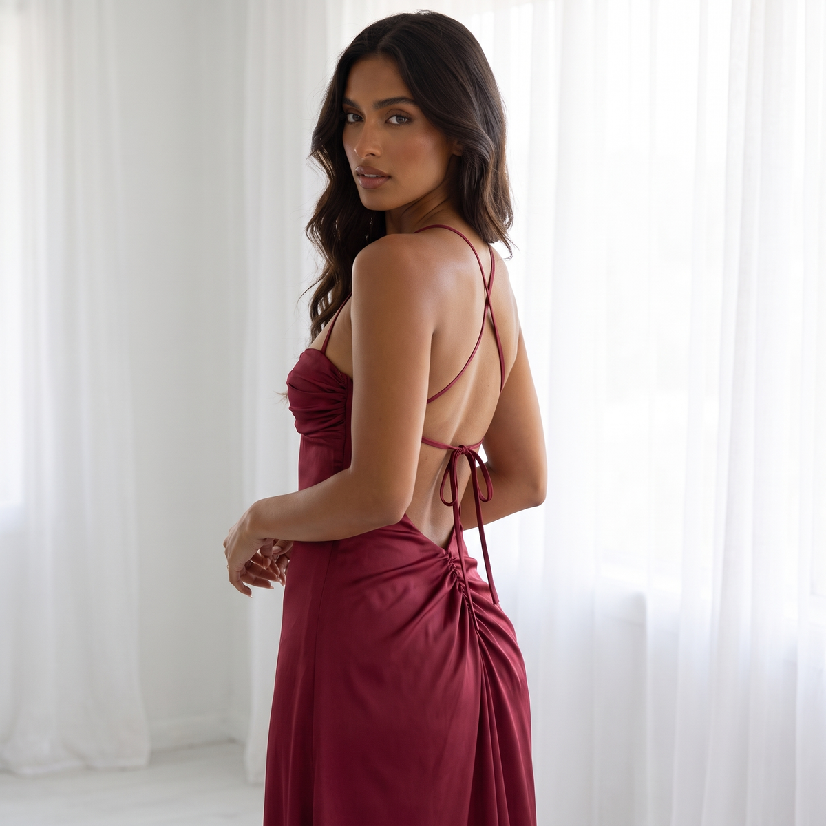 Liana Lace-Up Back Satin Maxi Dress – Burgundy – detail