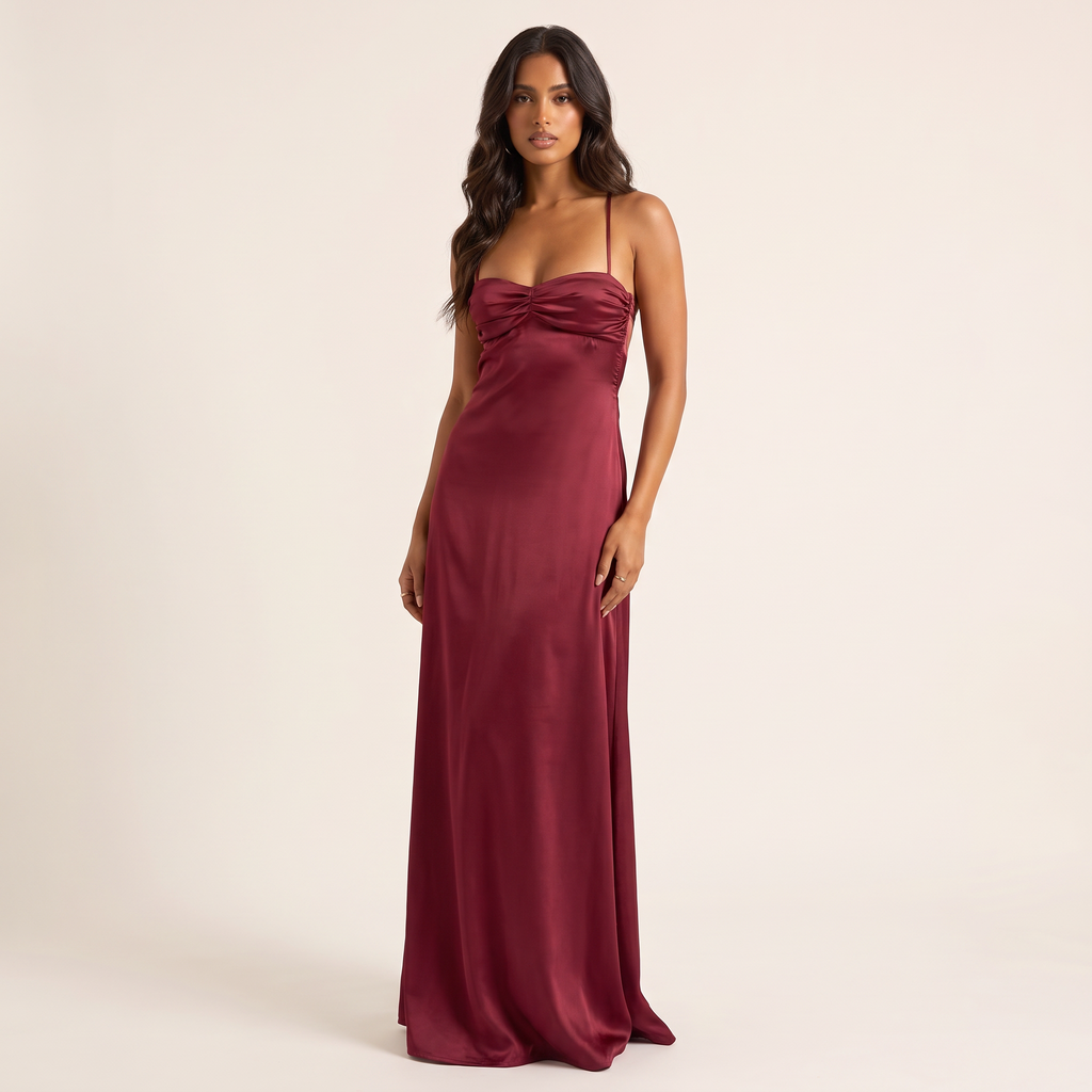 Liana Lace-Up Back Satin Maxi Dress – Burgundy – front view