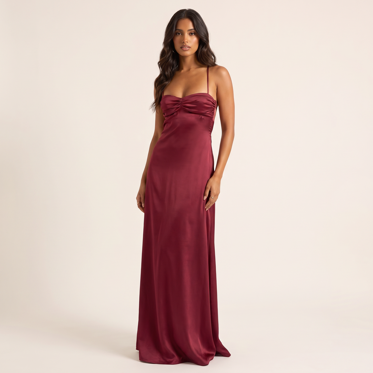 Liana Lace-Up Back Satin Maxi Dress – Burgundy – front view
