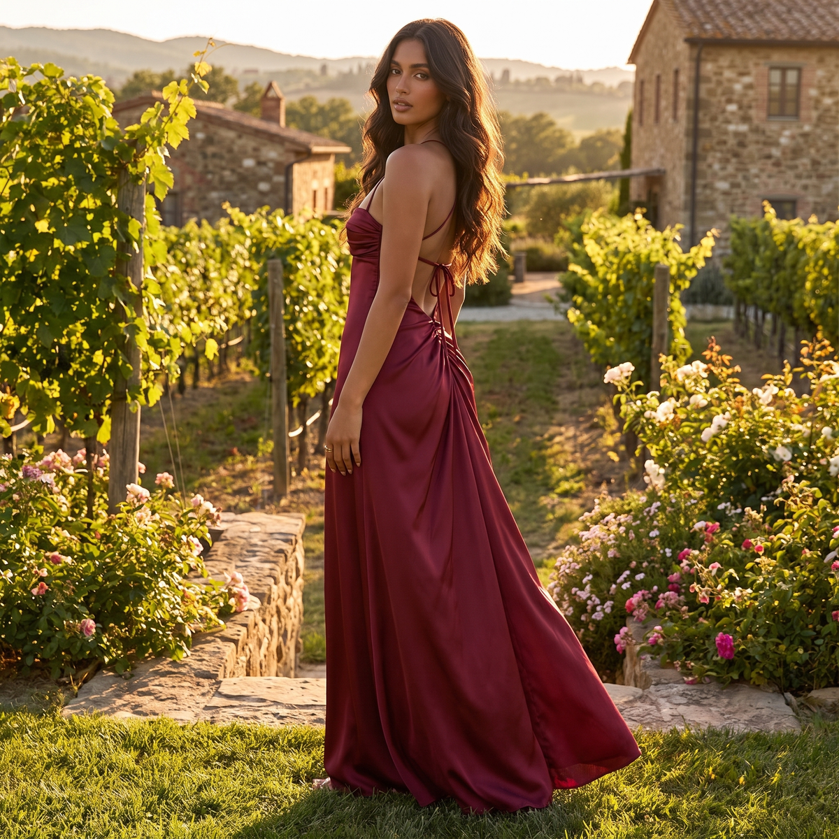 Liana Lace-Up Back Satin Maxi Dress – Burgundy – lifestyle