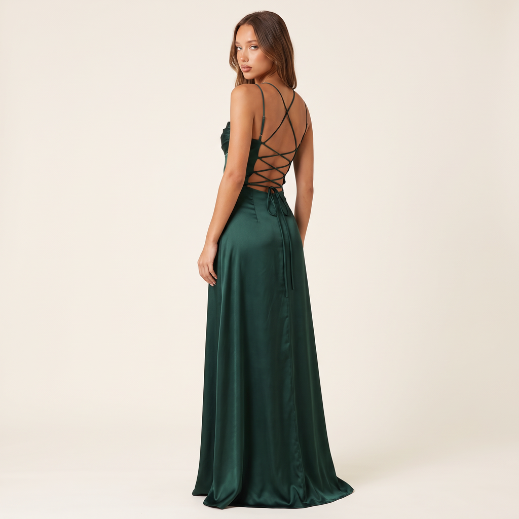 Liana Lace-Up Back Satin Maxi Dress – Emerald – back view