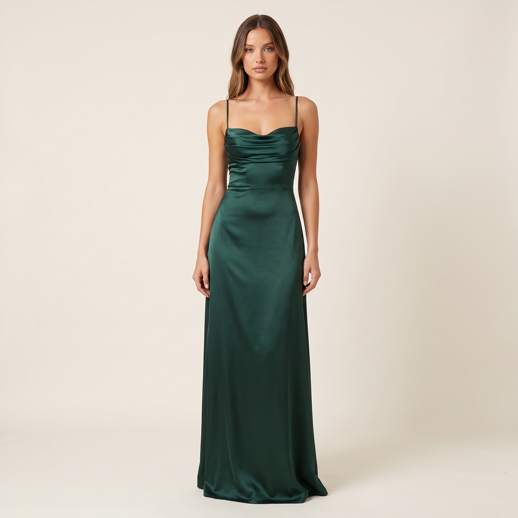 Liana Lace-Up Back Satin Maxi Dress – Emerald – front view