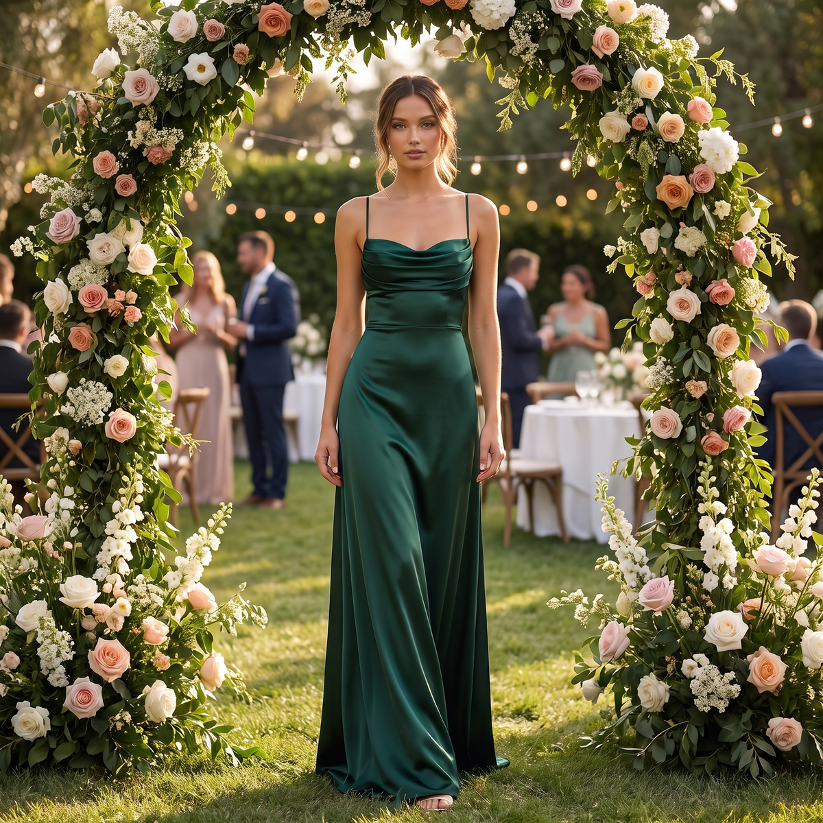 Liana Lace-Up Back Satin Maxi Dress – Emerald – lifestyle