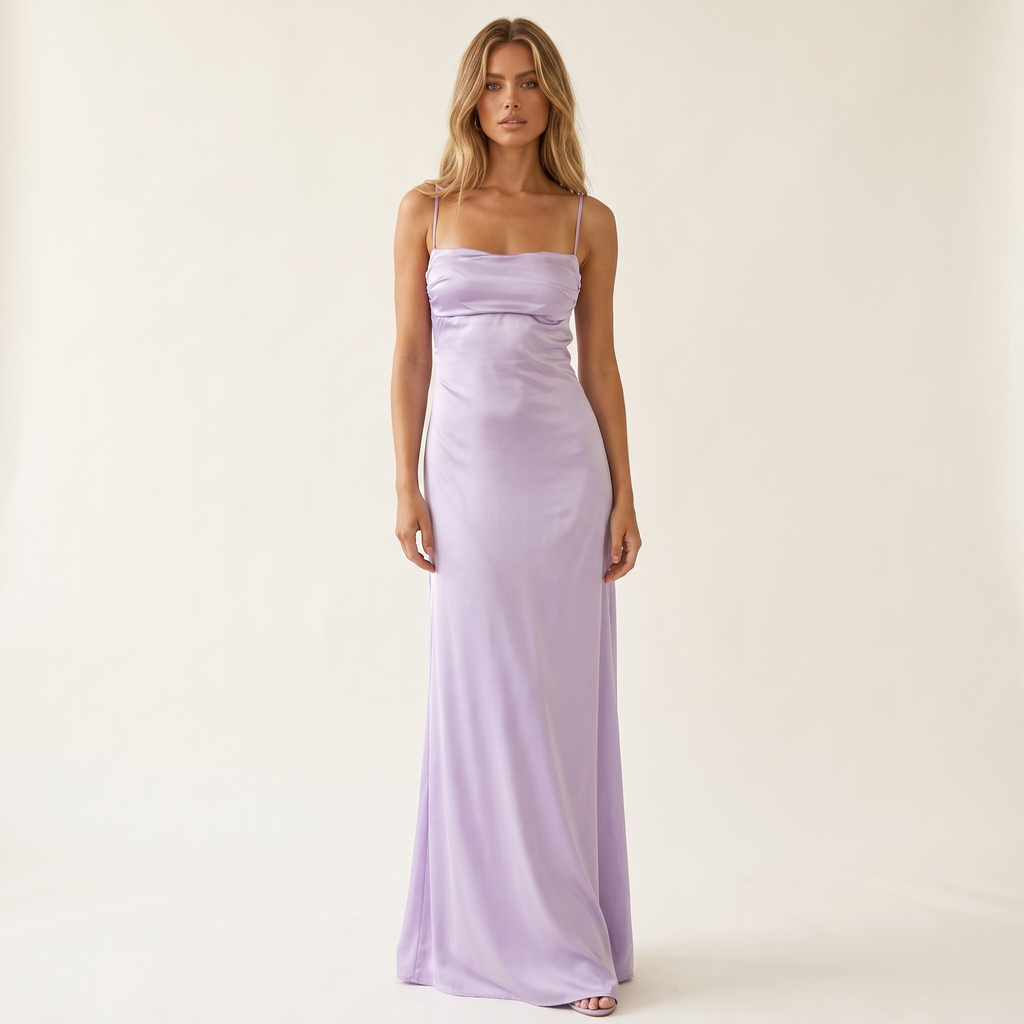 Liana Lace-Up Back Satin Maxi Dress – Lilac – front view