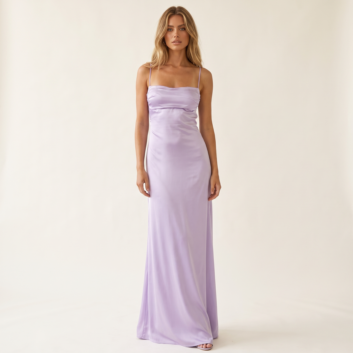 Liana Lace-Up Back Satin Maxi Dress – Lilac – front view