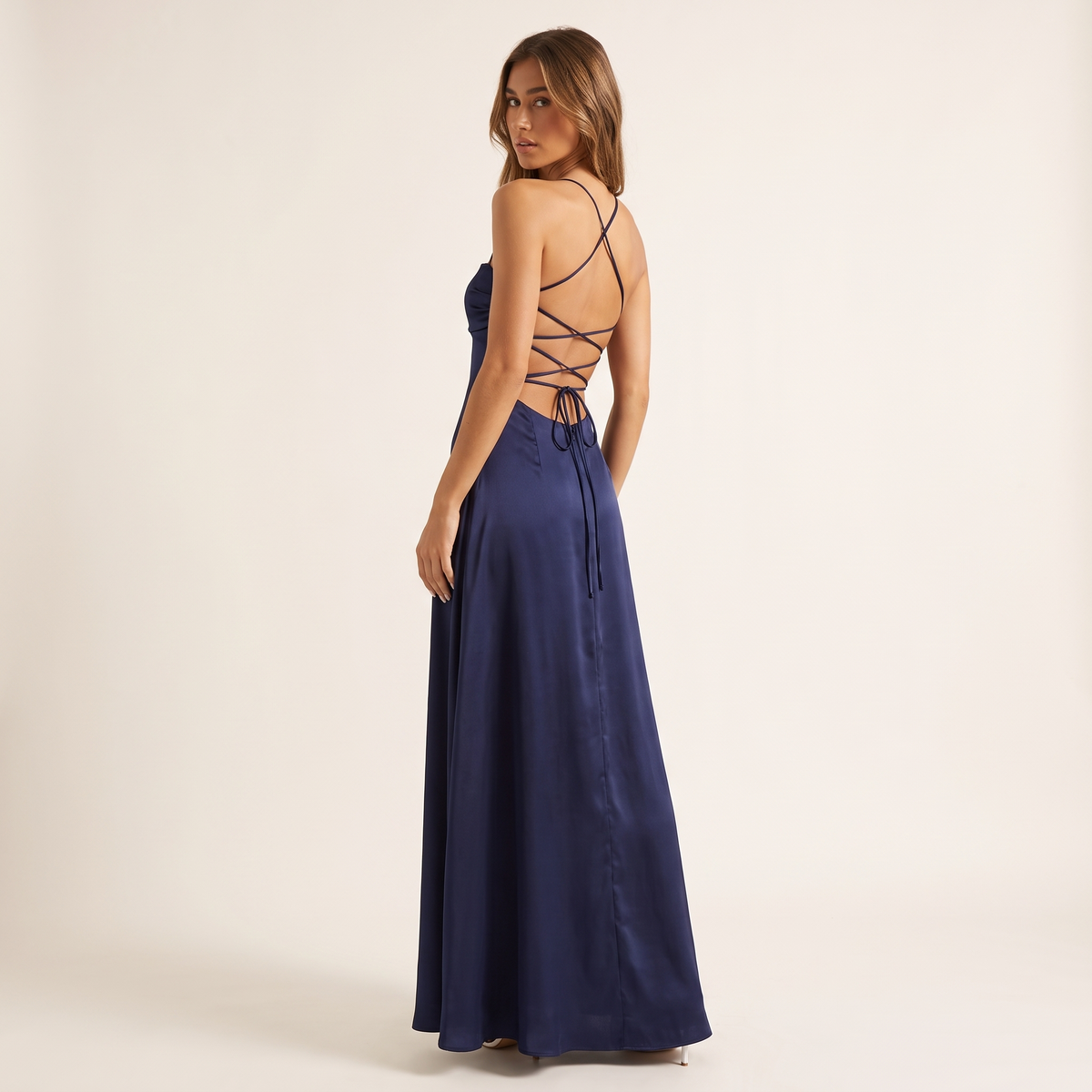 Liana Lace-Up Back Satin Maxi Dress – Navy – back view