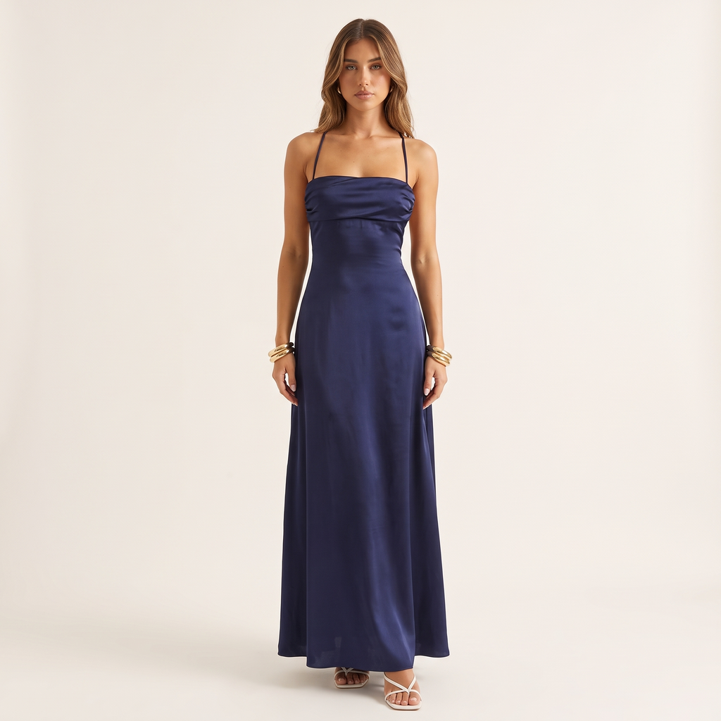 Liana Lace-Up Back Satin Maxi Dress – Navy – front view