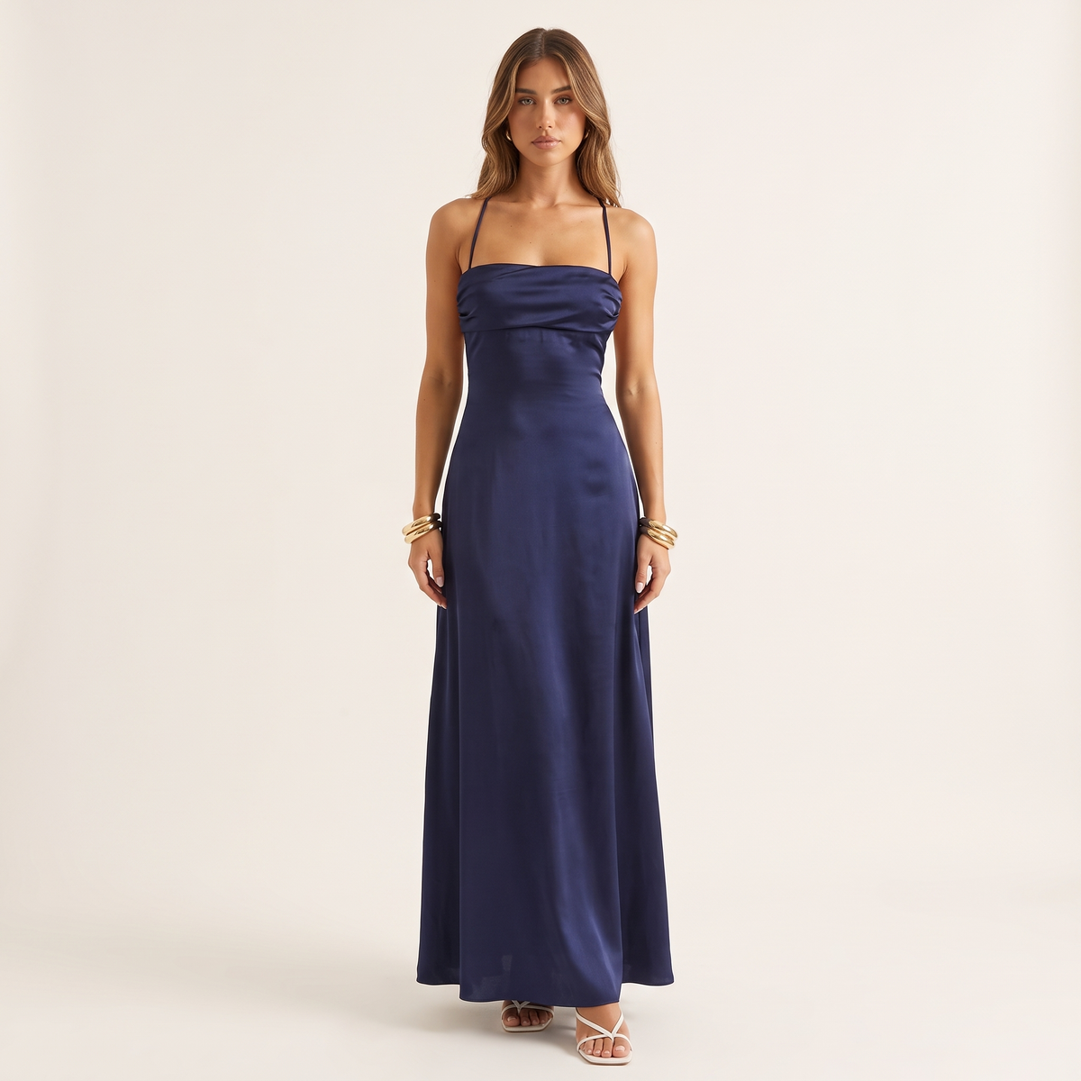 Liana Lace-Up Back Satin Maxi Dress – Navy – front view