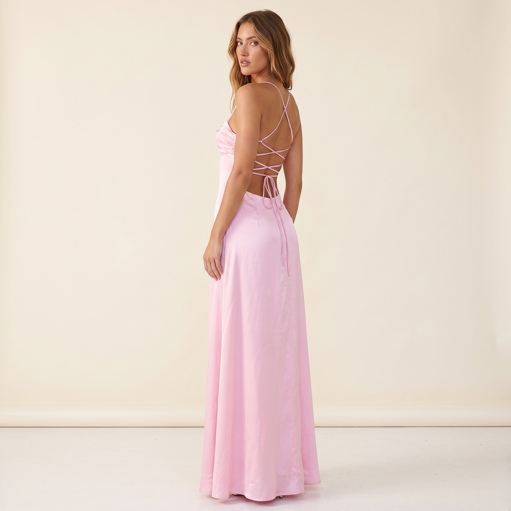 Liana Lace-Up Back Satin Maxi Dress – Pink – back view