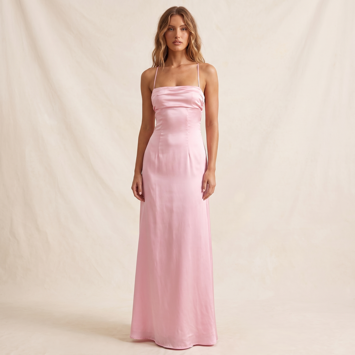 Liana Lace-Up Back Satin Maxi Dress – Pink – front view