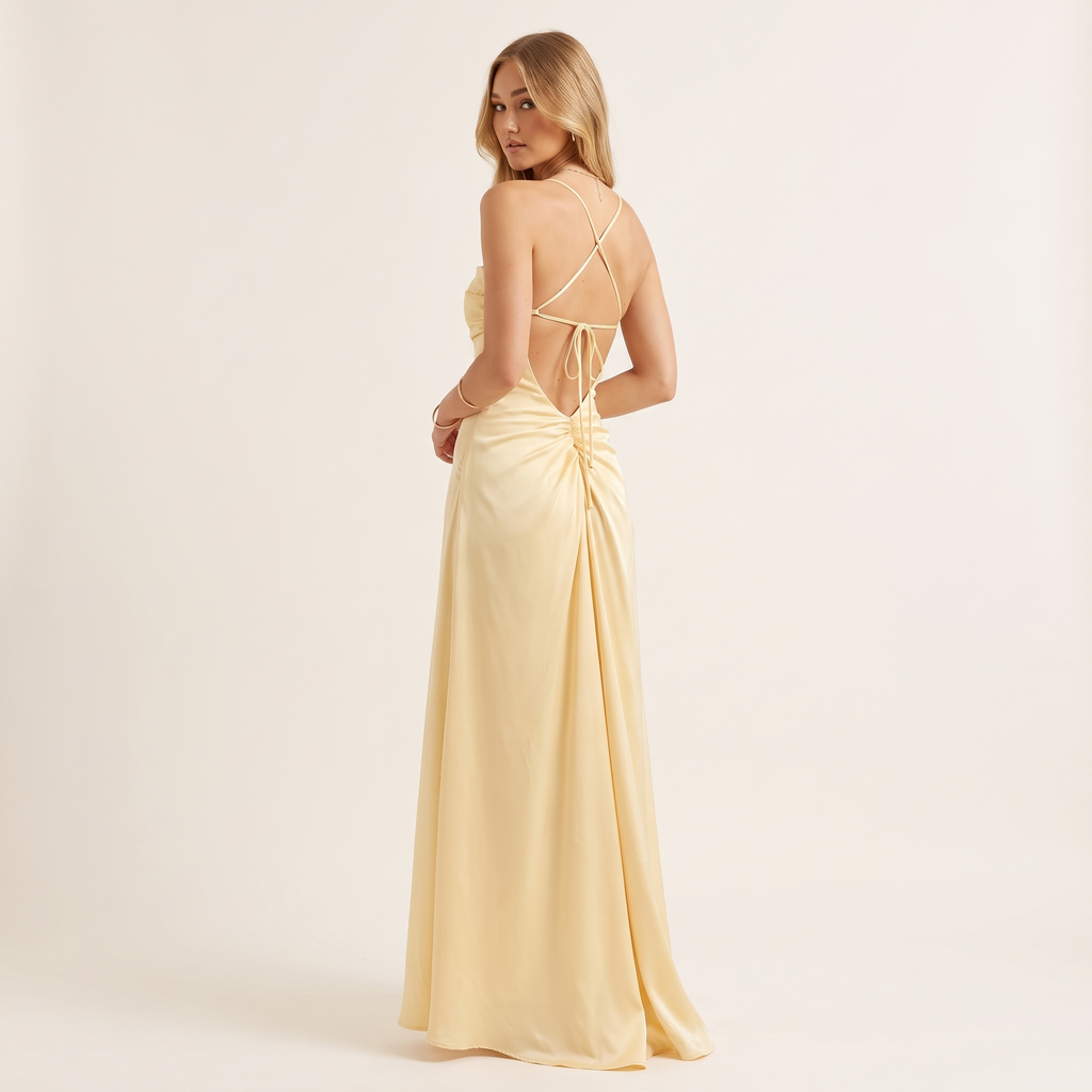 Liana Lace-Up Back Satin Maxi Dress – Yellow – back view