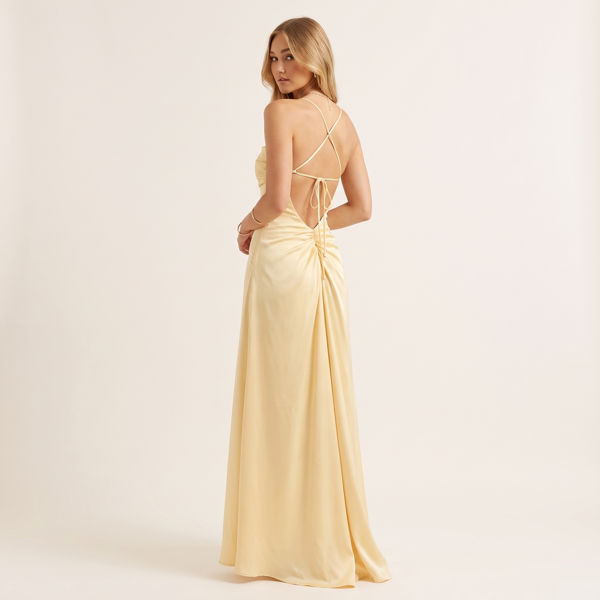 Liana Lace-Up Back Satin Maxi Dress – Yellow – back view