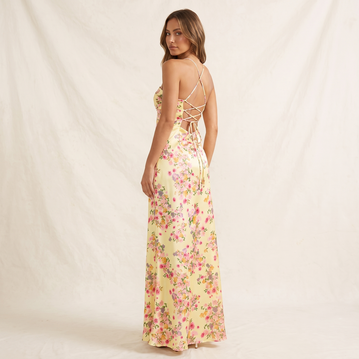 Liana Lace-Up Back Satin Maxi Dress – Yellow Floral – back view