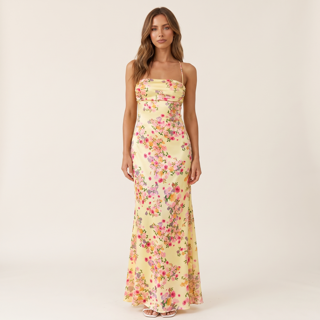 Liana Lace-Up Back Satin Maxi Dress – Yellow Floral – front view