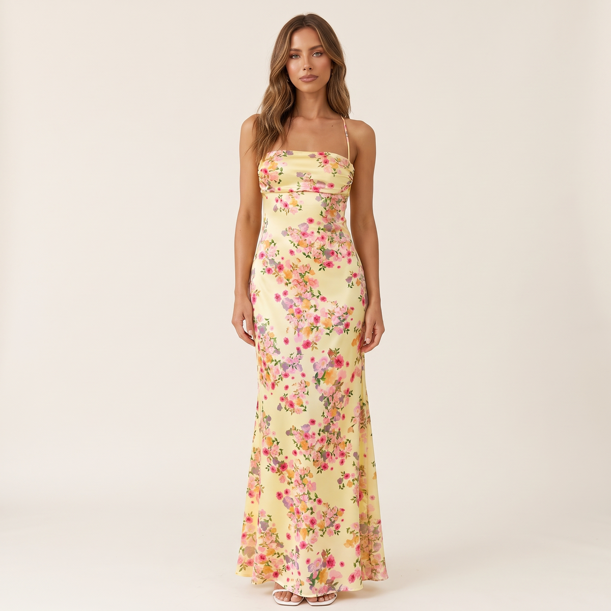 Liana Lace-Up Back Satin Maxi Dress – Yellow Floral – front view