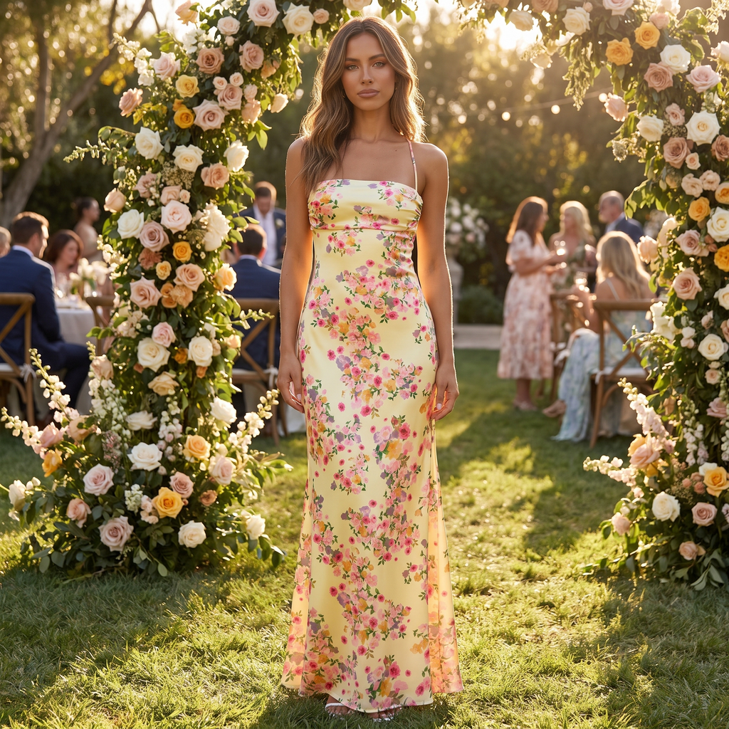 Liana Lace-Up Back Satin Maxi Dress – Yellow Floral – lifestyle