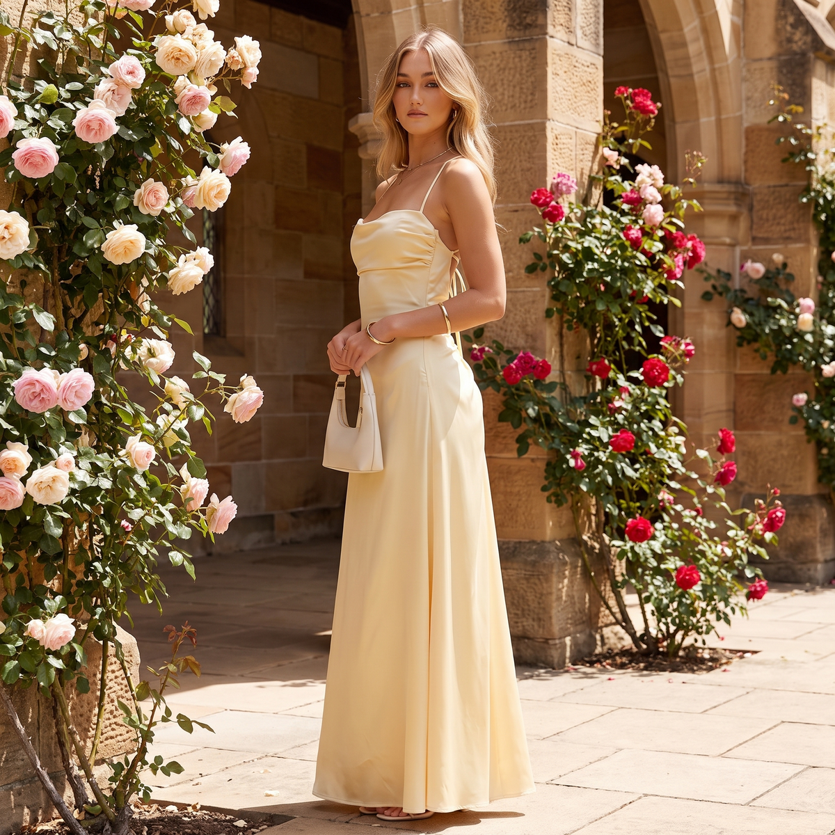 Liana Lace-Up Back Satin Maxi Dress – Yellow – lifestyle