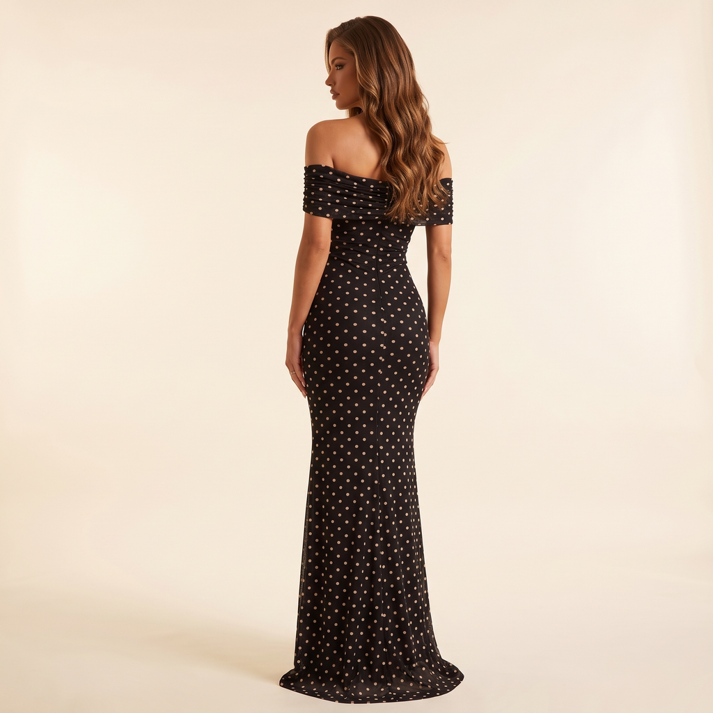 Liora Off-Shoulder Polka Dot Mesh Maxi Dress – Black – back view