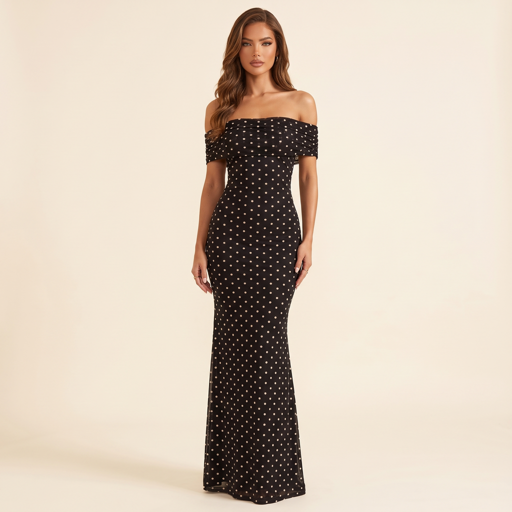 Liora Off-Shoulder Polka Dot Mesh Maxi Dress – Black – front view