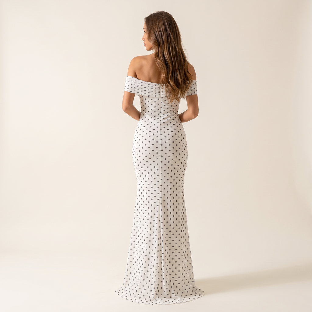 Liora Off-Shoulder Polka Dot Mesh Maxi Dress – White – back view