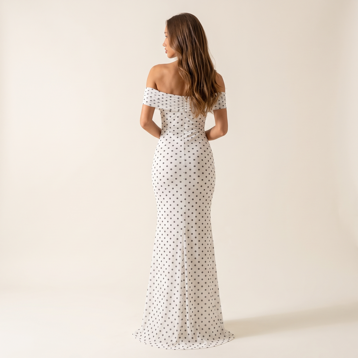 Liora Off-Shoulder Polka Dot Mesh Maxi Dress – White – back view