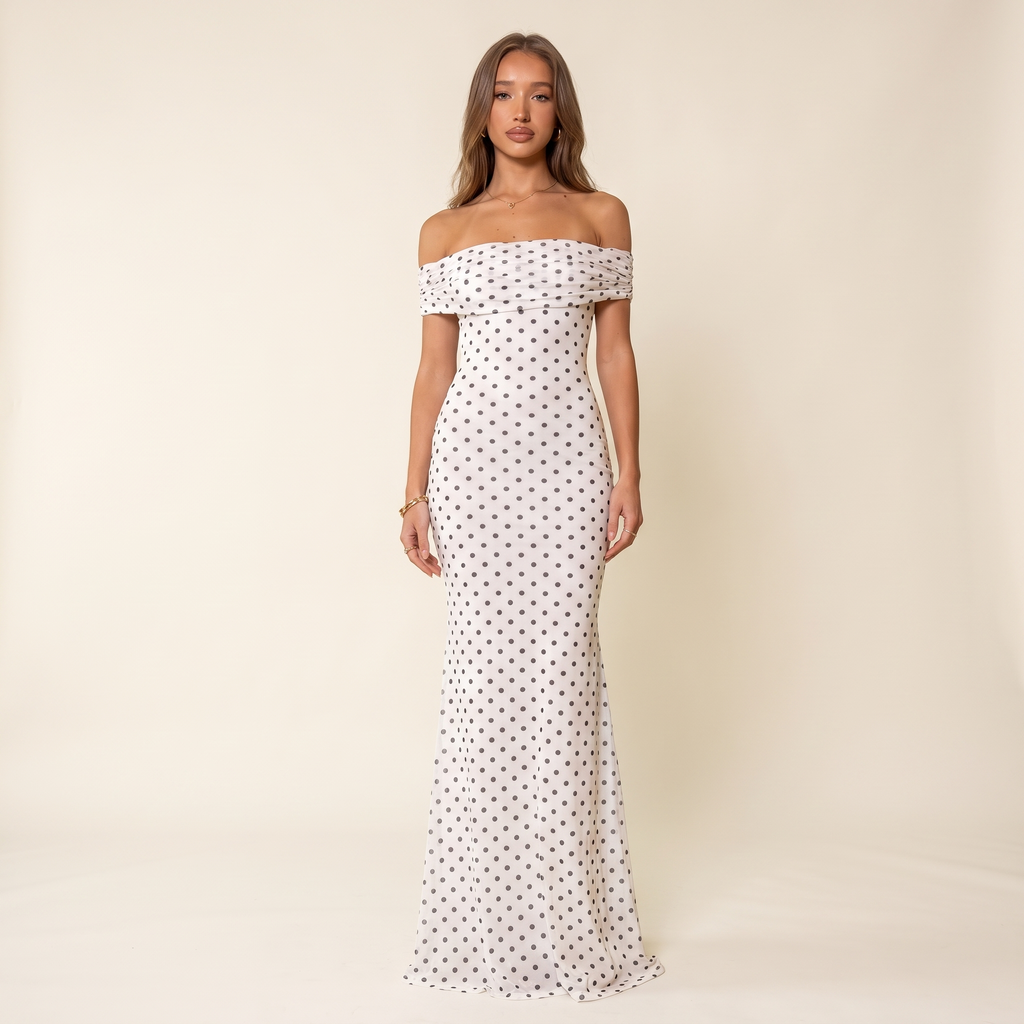 Liora Off-Shoulder Polka Dot Mesh Maxi Dress – White – front view