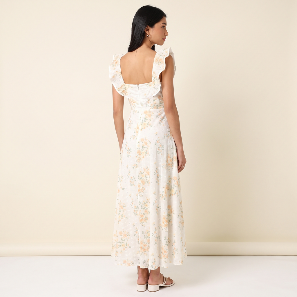 Lucienne Square Neck Frill Maxi Dress – Yellow Floral – back view