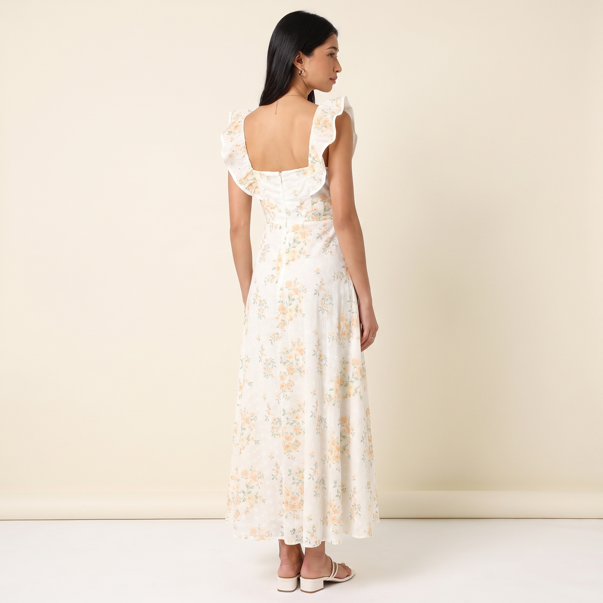 Lucienne Square Neck Frill Maxi Dress – Yellow Floral – back view