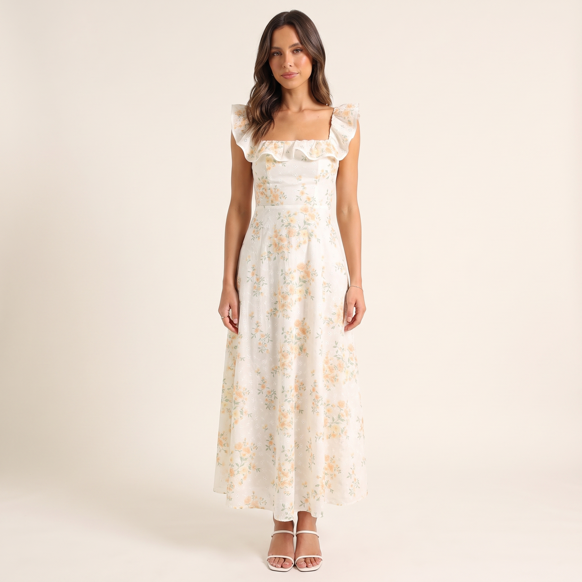 Lucienne Square Neck Frill Maxi Dress – Yellow Floral – front view