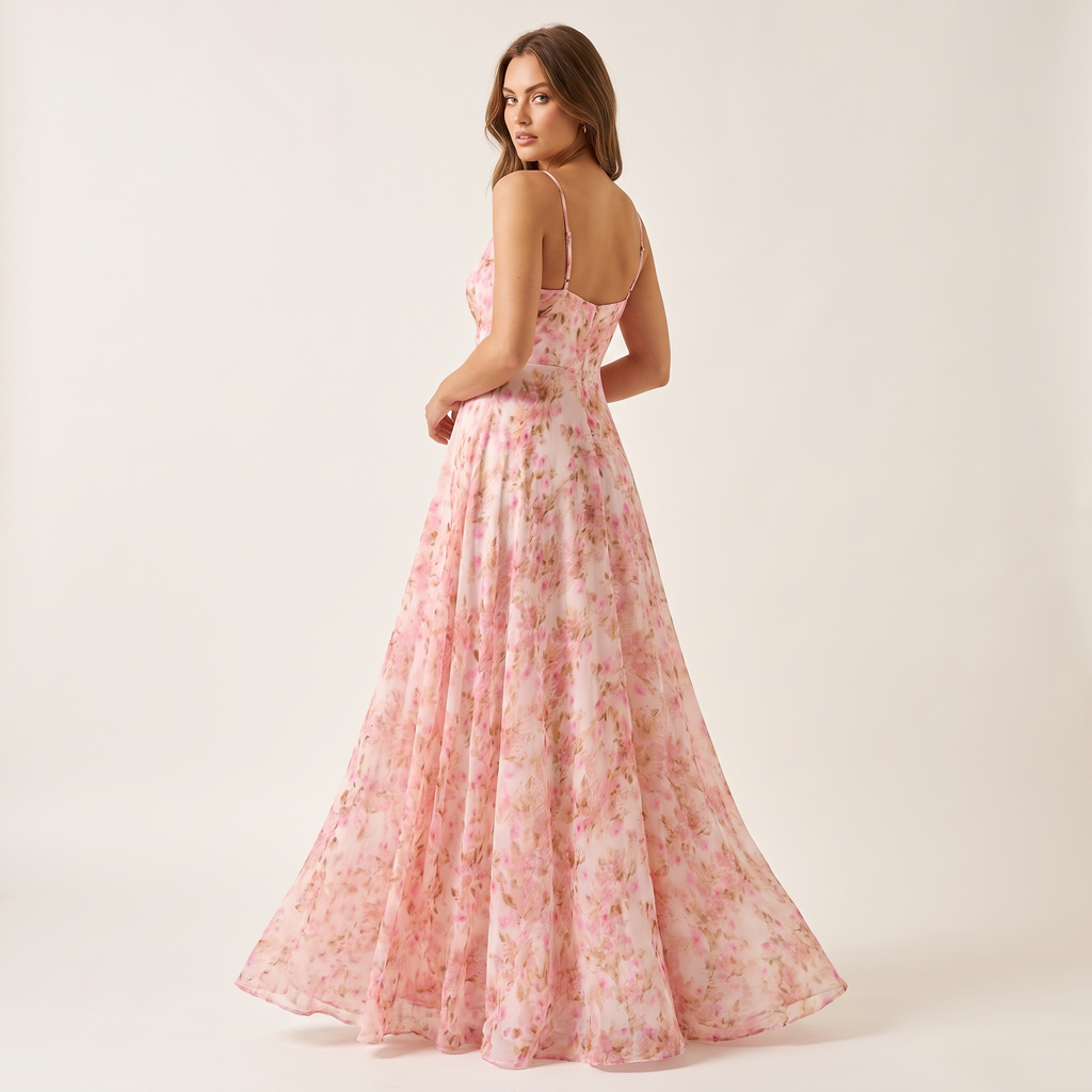 Magnolia Overlay Neck Floral Maxi Dress – Pink – back view