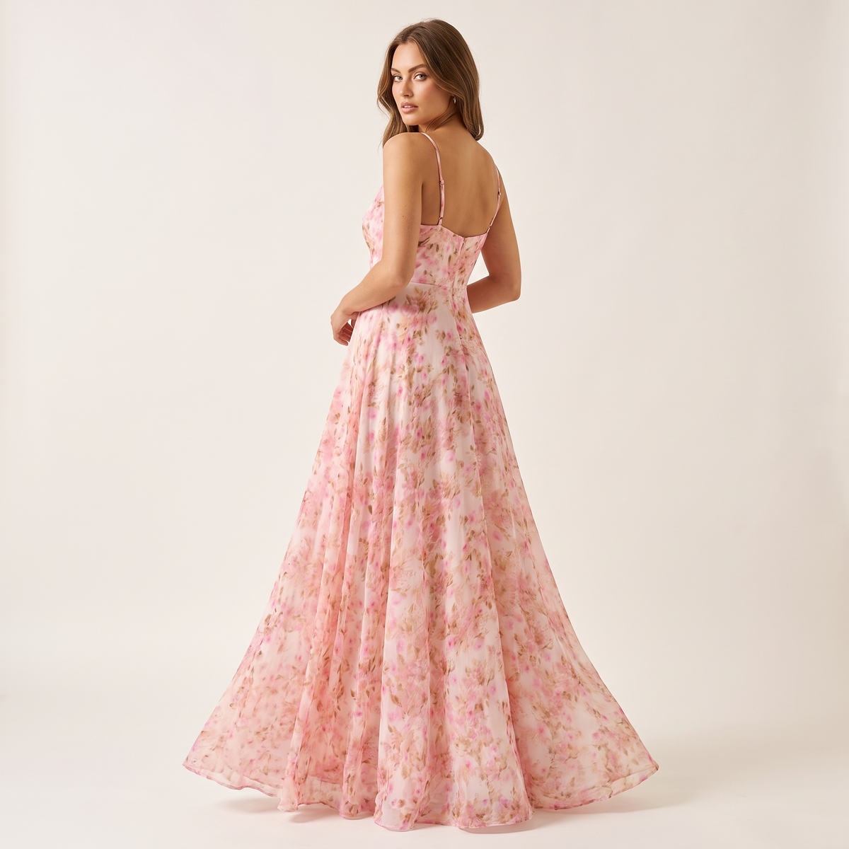 Magnolia Overlay Neck Floral Maxi Dress – Pink – back view