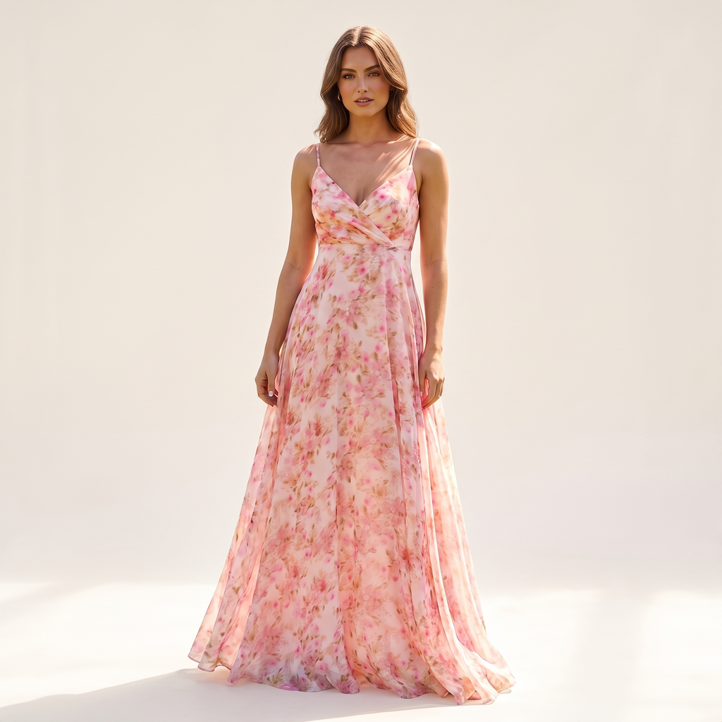 Magnolia Overlay Neck Floral Maxi Dress – Pink – front view
