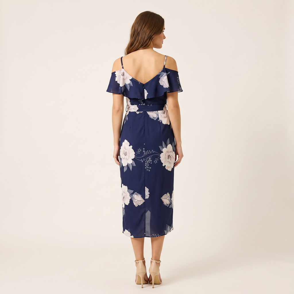 Margaux Tulip Hem Floral Midi Dress – Navy Floral – back view