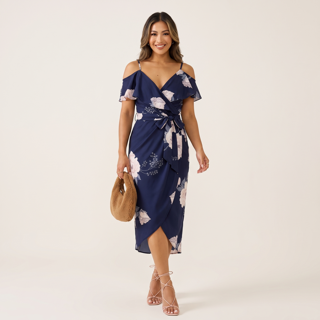 Margaux Tulip Hem Floral Midi Dress – Navy Floral – front view