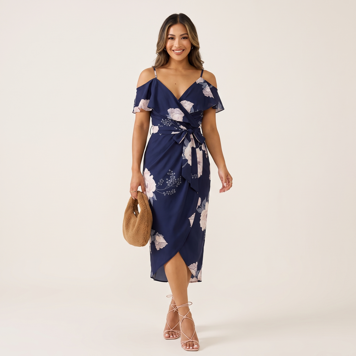 Margaux Tulip Hem Floral Midi Dress – Navy Floral – front view