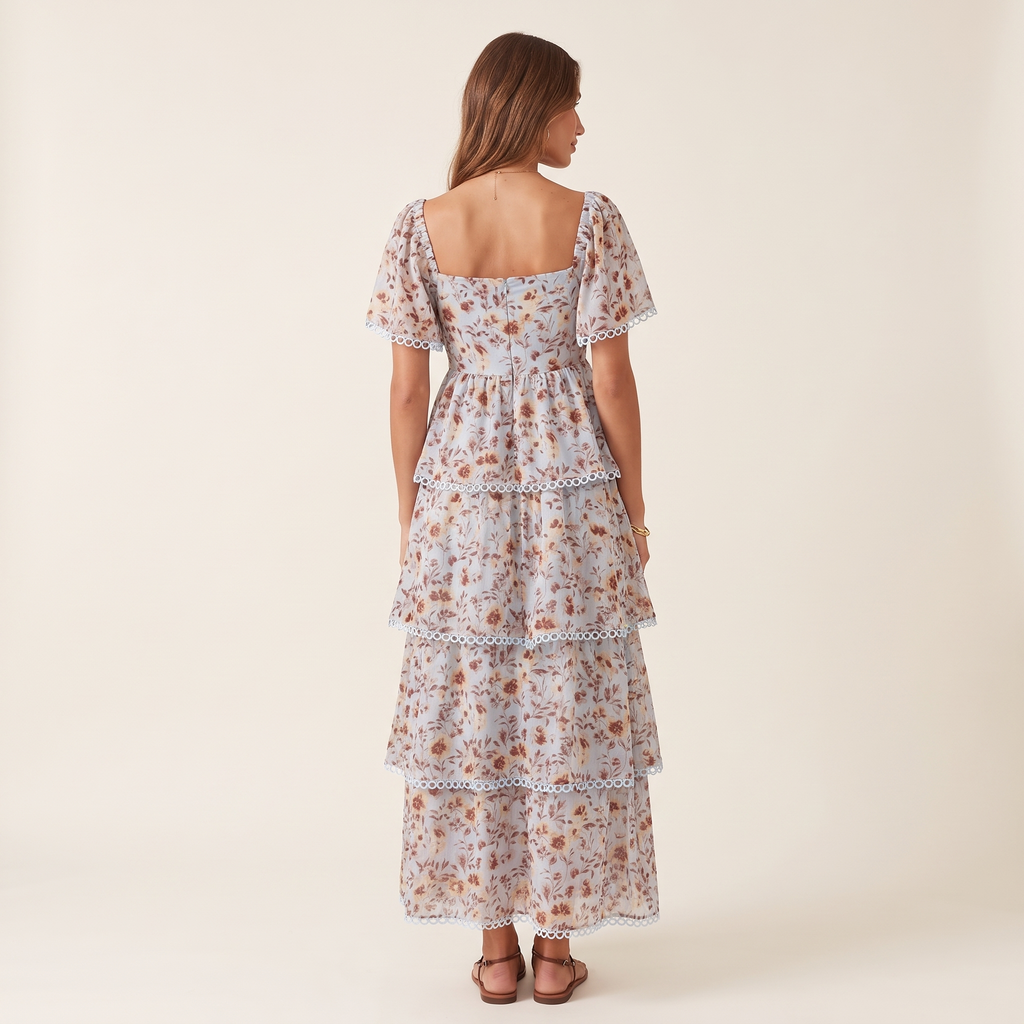 Marguerite Tiered Ruffle Lace Trim Maxi Dress – Blue Floral – back view