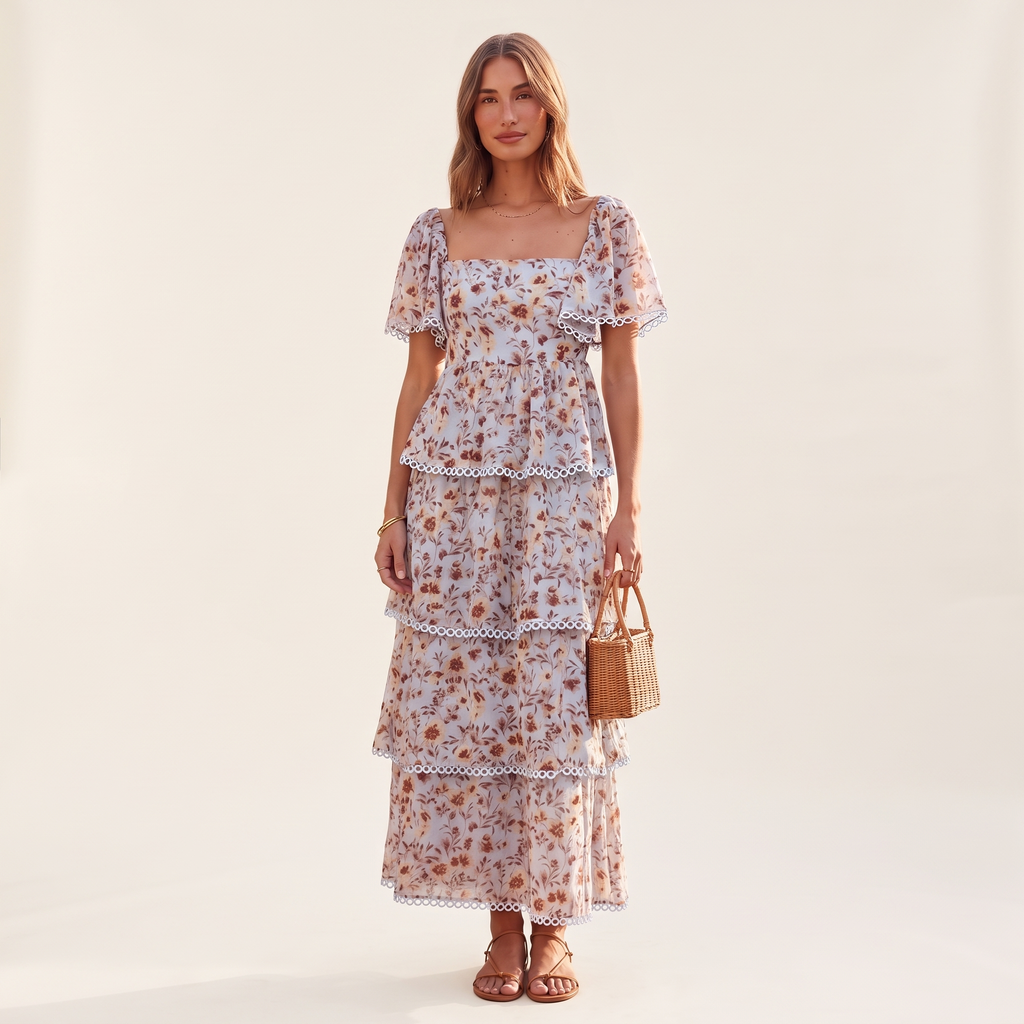 Marguerite Tiered Ruffle Lace Trim Maxi Dress – Blue Floral – front view
