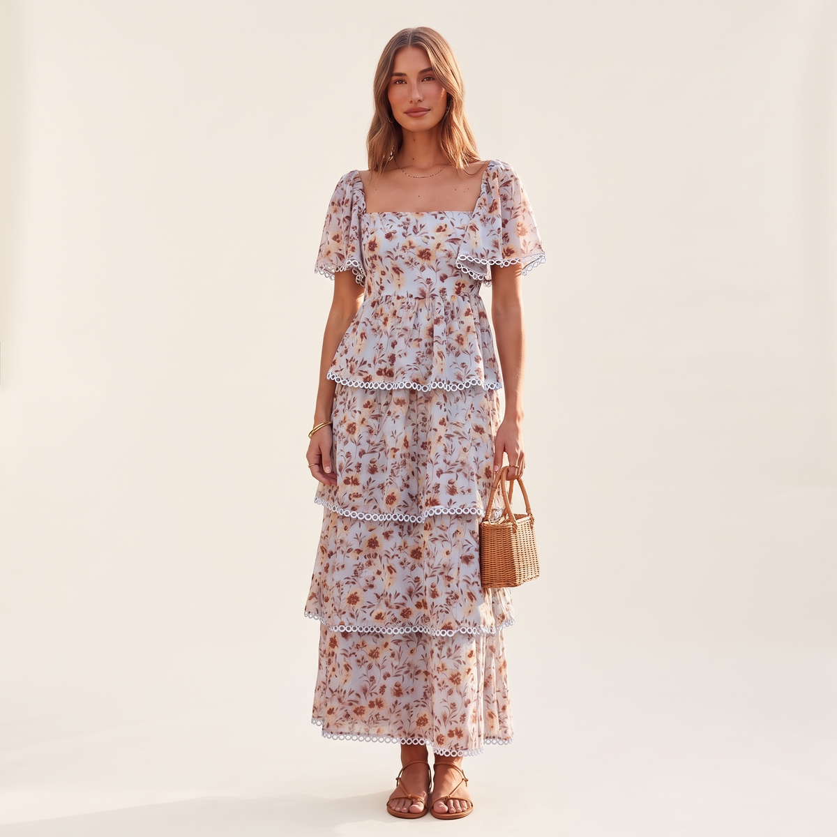 Marguerite Tiered Ruffle Lace Trim Maxi Dress – Blue Floral – front view
