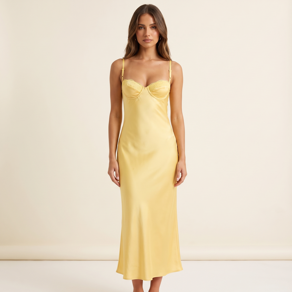 Marigold Lace Bust Buckle Detail Midi Dress – Yellow – front view