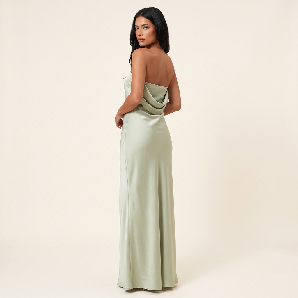 Mariposa Strapless Foldover Satin Maxi Dress – Sage – back view