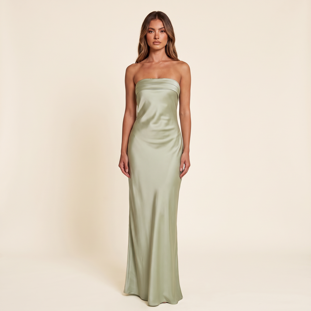 Mariposa Strapless Foldover Satin Maxi Dress – Sage – front view