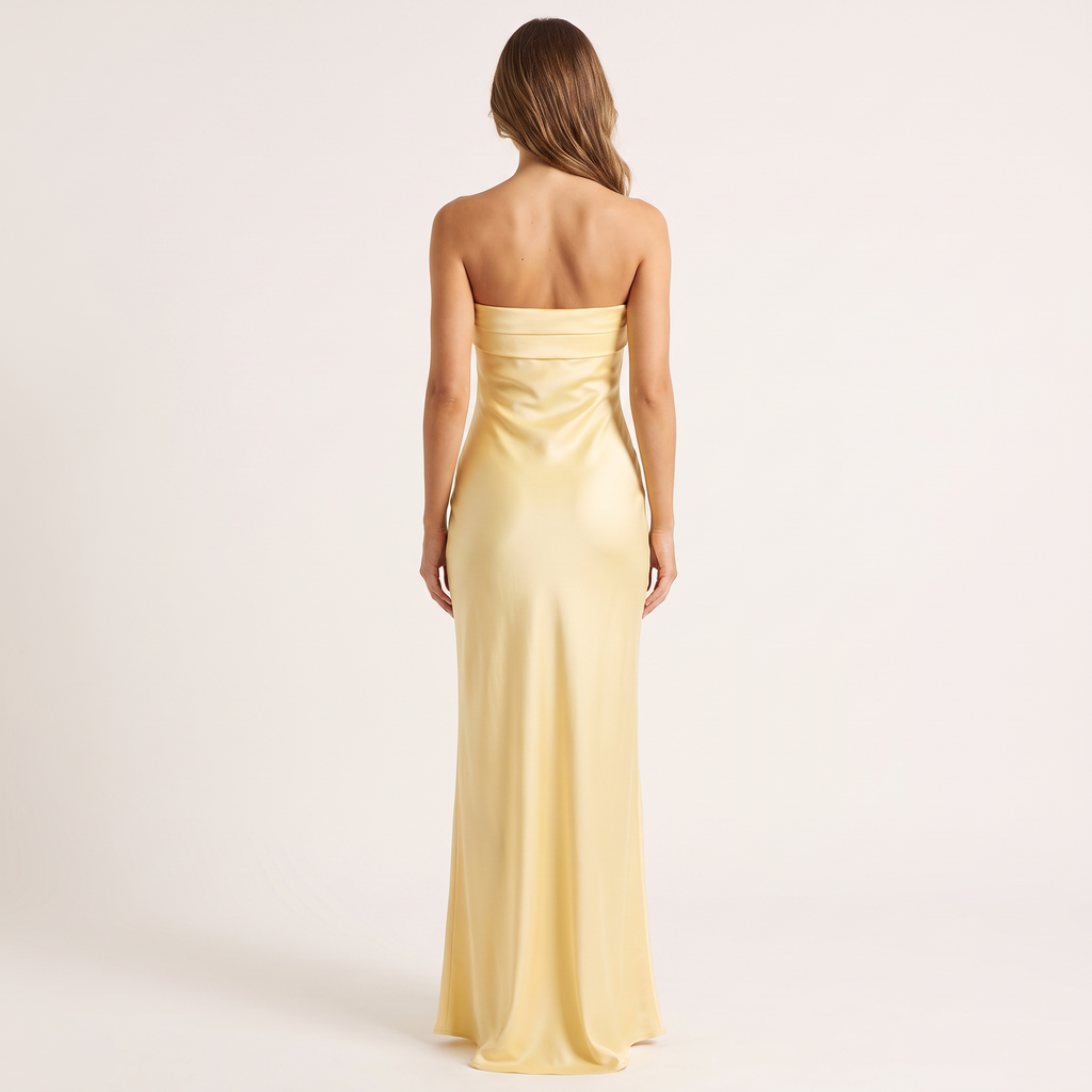 Mariposa Strapless Foldover Satin Maxi Dress – Yellow – back view