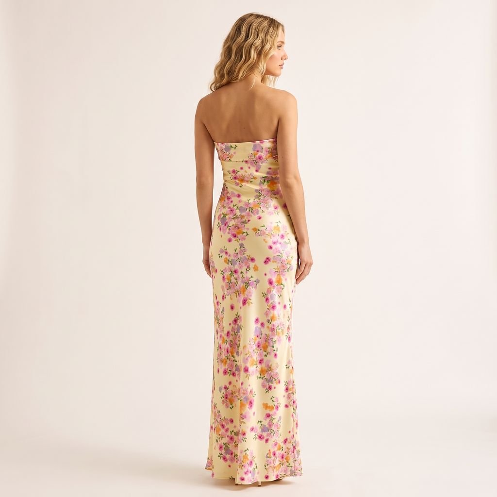 Mariposa Strapless Foldover Satin Maxi Dress – Yellow Floral – back view