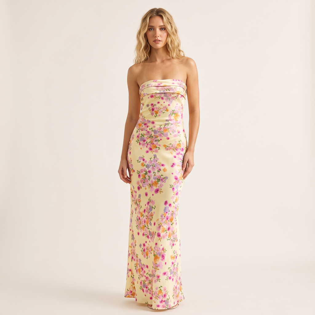 Mariposa Strapless Foldover Satin Maxi Dress – Yellow Floral – front view