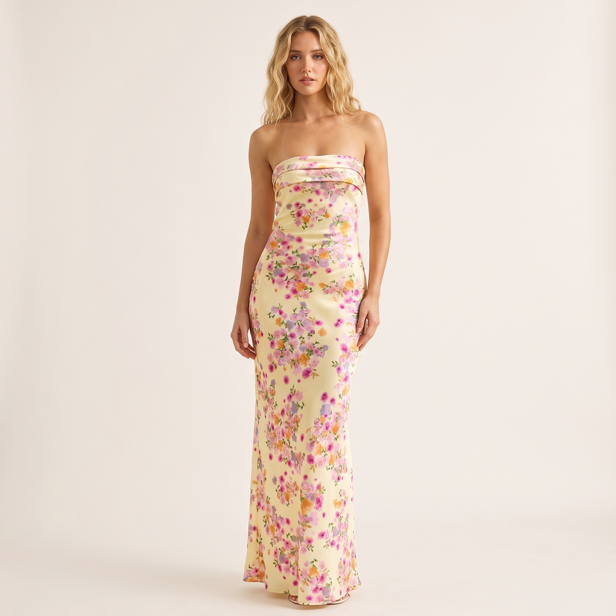 Mariposa Strapless Foldover Satin Maxi Dress – Yellow Floral – front view
