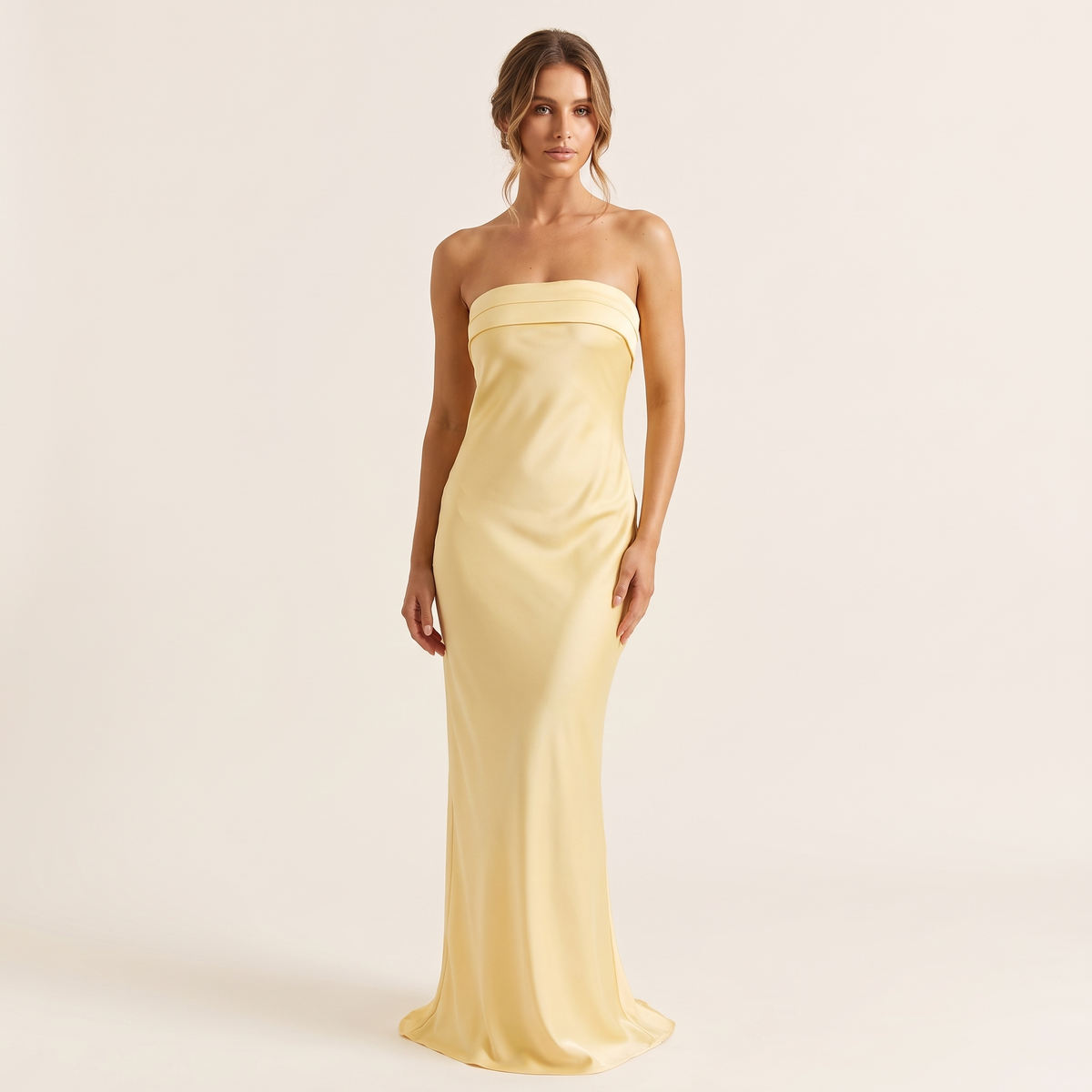 Mariposa Strapless Foldover Satin Maxi Dress – Yellow – front view